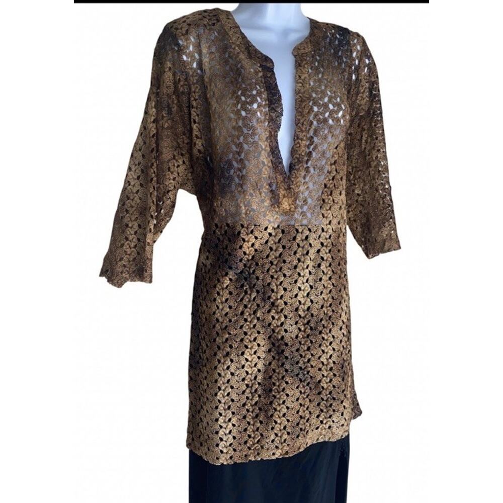VTG Catherines Women's Plus Size 1X Lace Fish Net Brown Tunic Blouse Top Spring - Picture 4 of 10